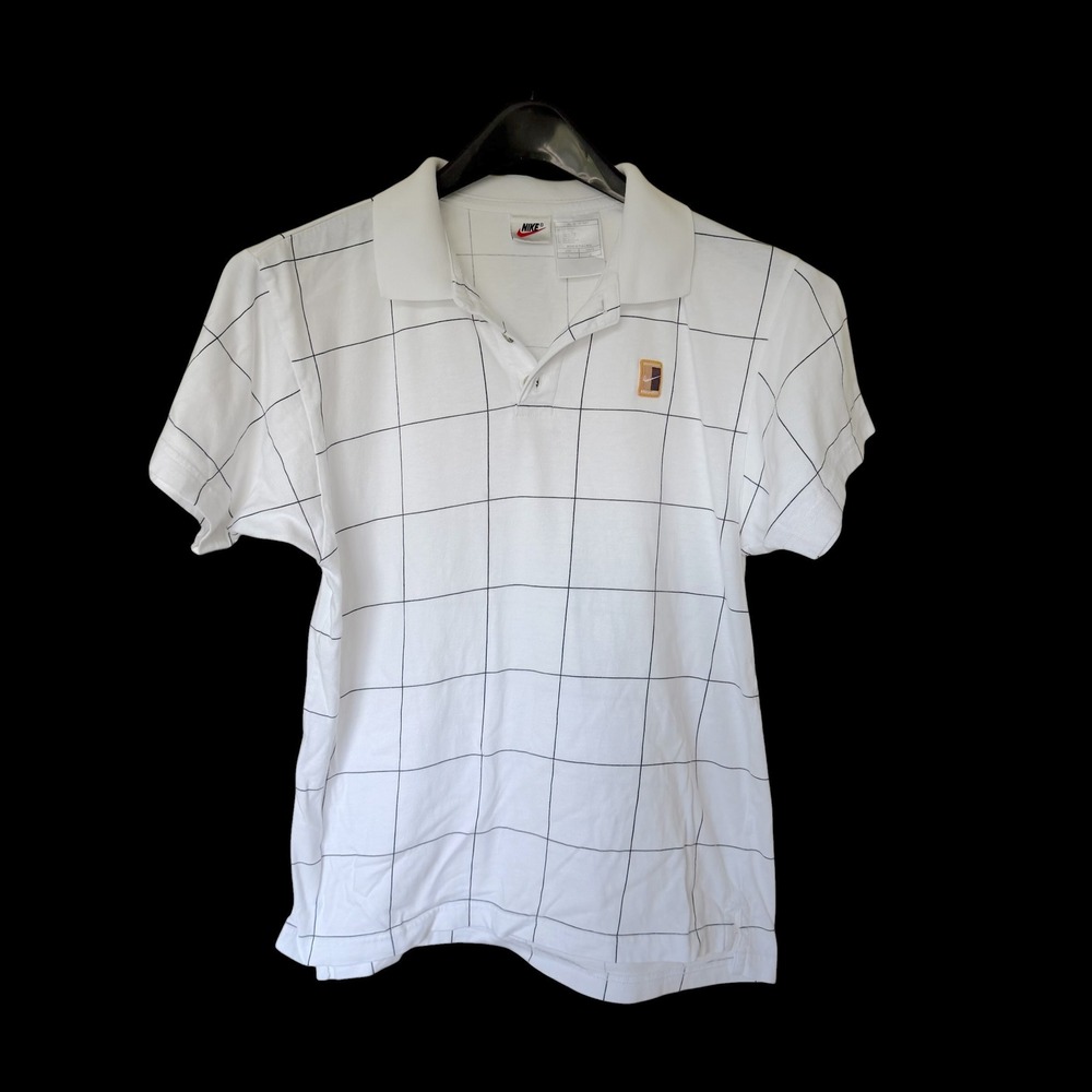 80's Nike Court Women White Windowpane Grid Polo Shirt Short Sleeve Cotton Large